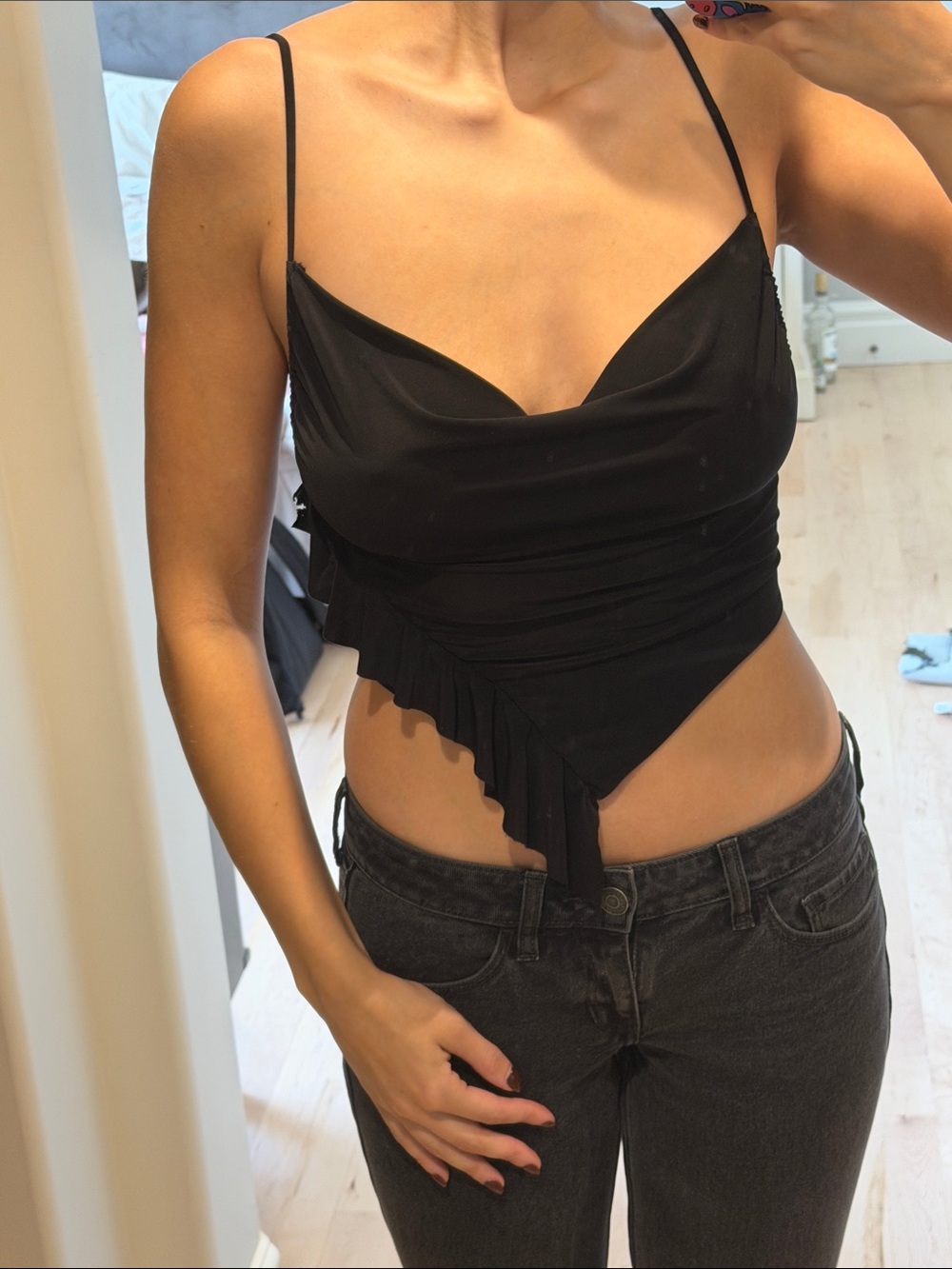 Black Draped Cowl Neck Spaghetti Strap Top